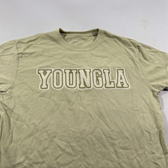 Young LA Womens Unisex Beige Varsity Pump Tee Sherpa Logo Oversized Sz XS - Picture 2 of 8